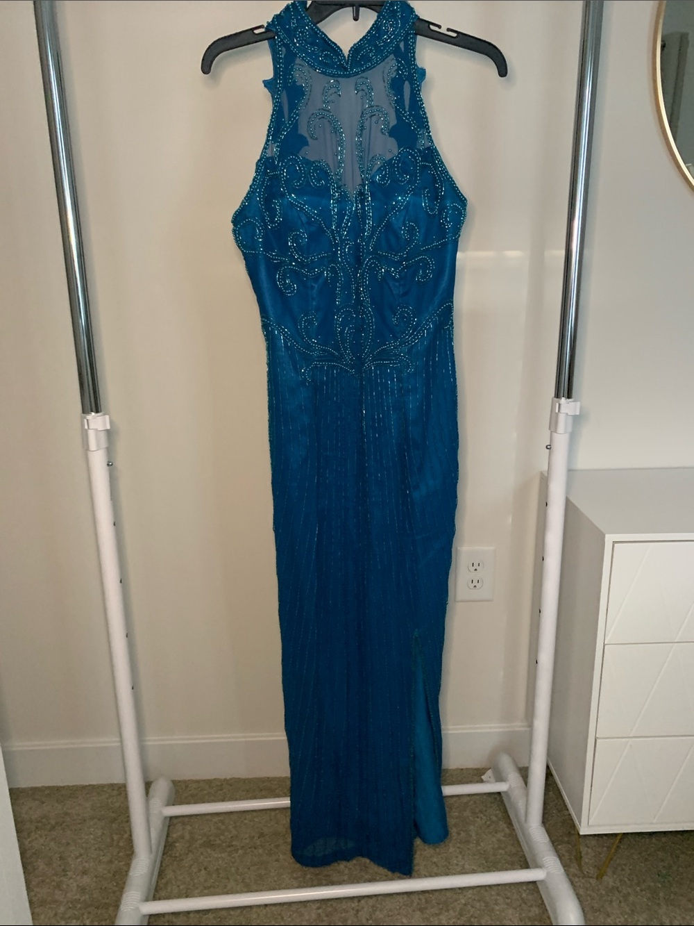Vintage Teal Beaded Halter Prom Gown